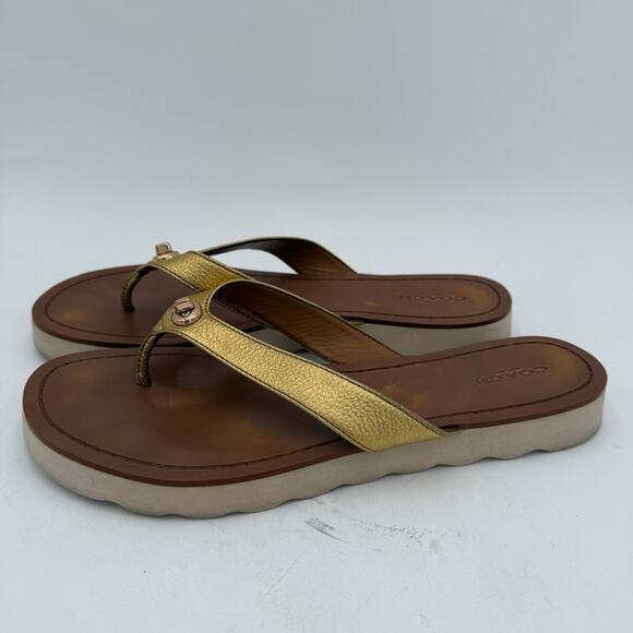 Coach Gold Shelly Leather Thong Flip Flop Sandals Size 9 - Picture 5 of 8